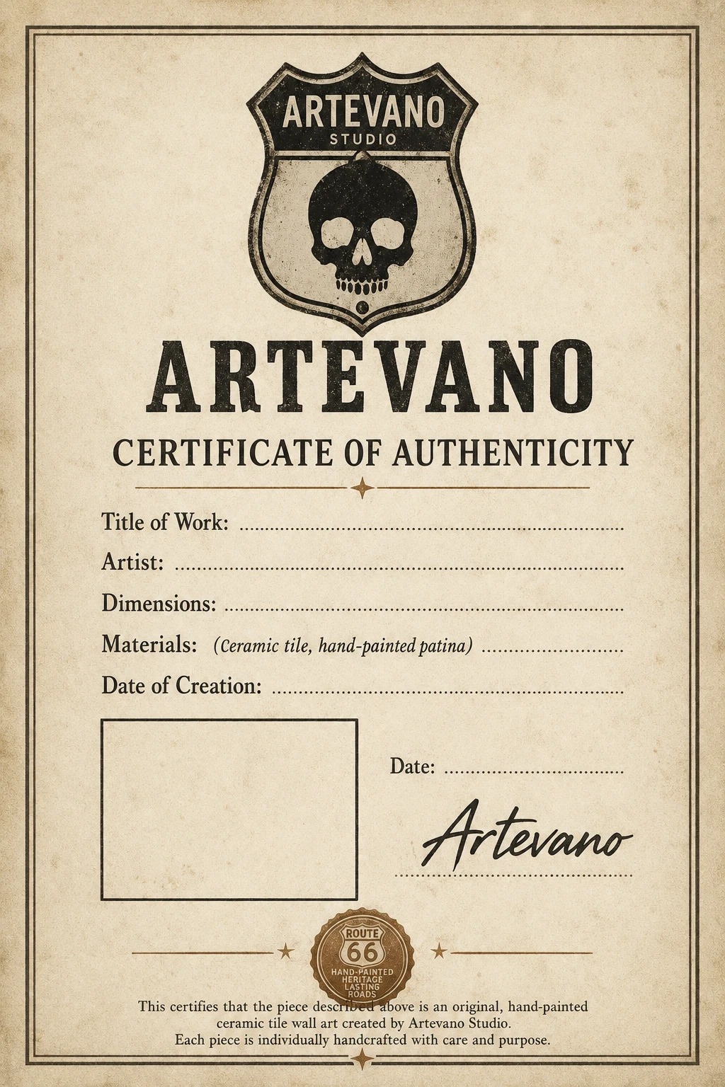 Artevano Certificate of Authenticity