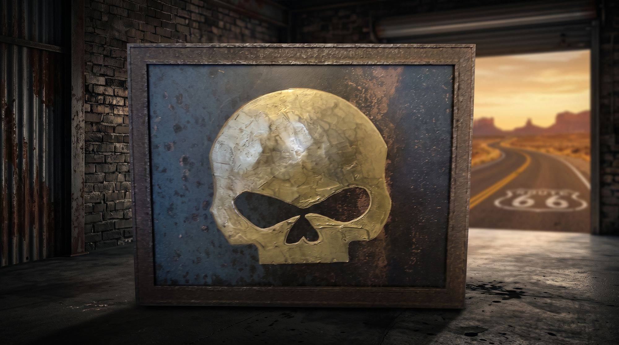 Brass-tone skull relief in a quality frame, staged in the workshop with a Route 66 desert highway beyond