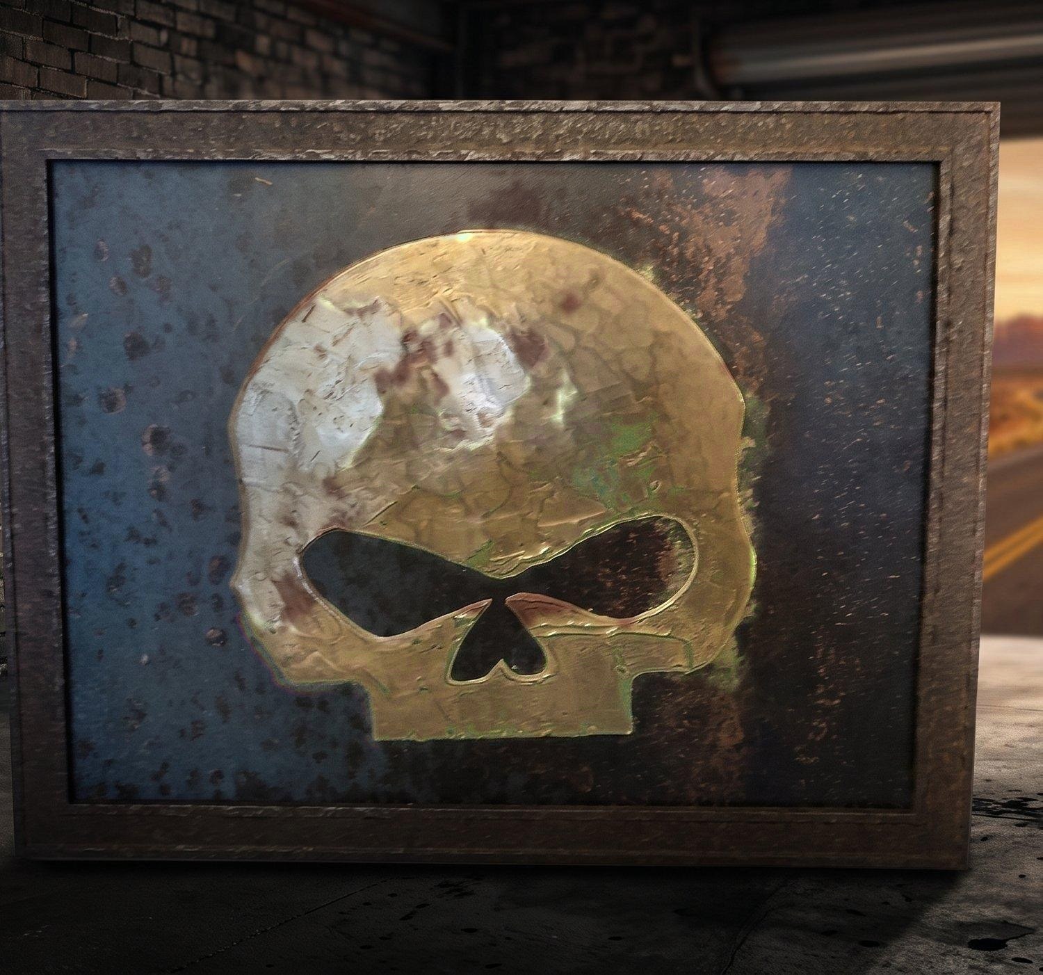 Weathered Oath — brass-tone skull relief in a quality frame, staged with a Route 66 desert highway beyond