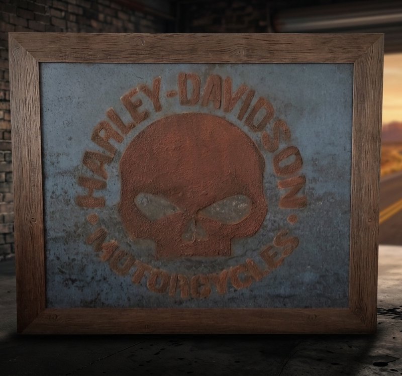 Iron Vow — rust patina Harley-Davidson skull relief in a quality frame, staged in the workshop with a Route 66 desert highway beyond